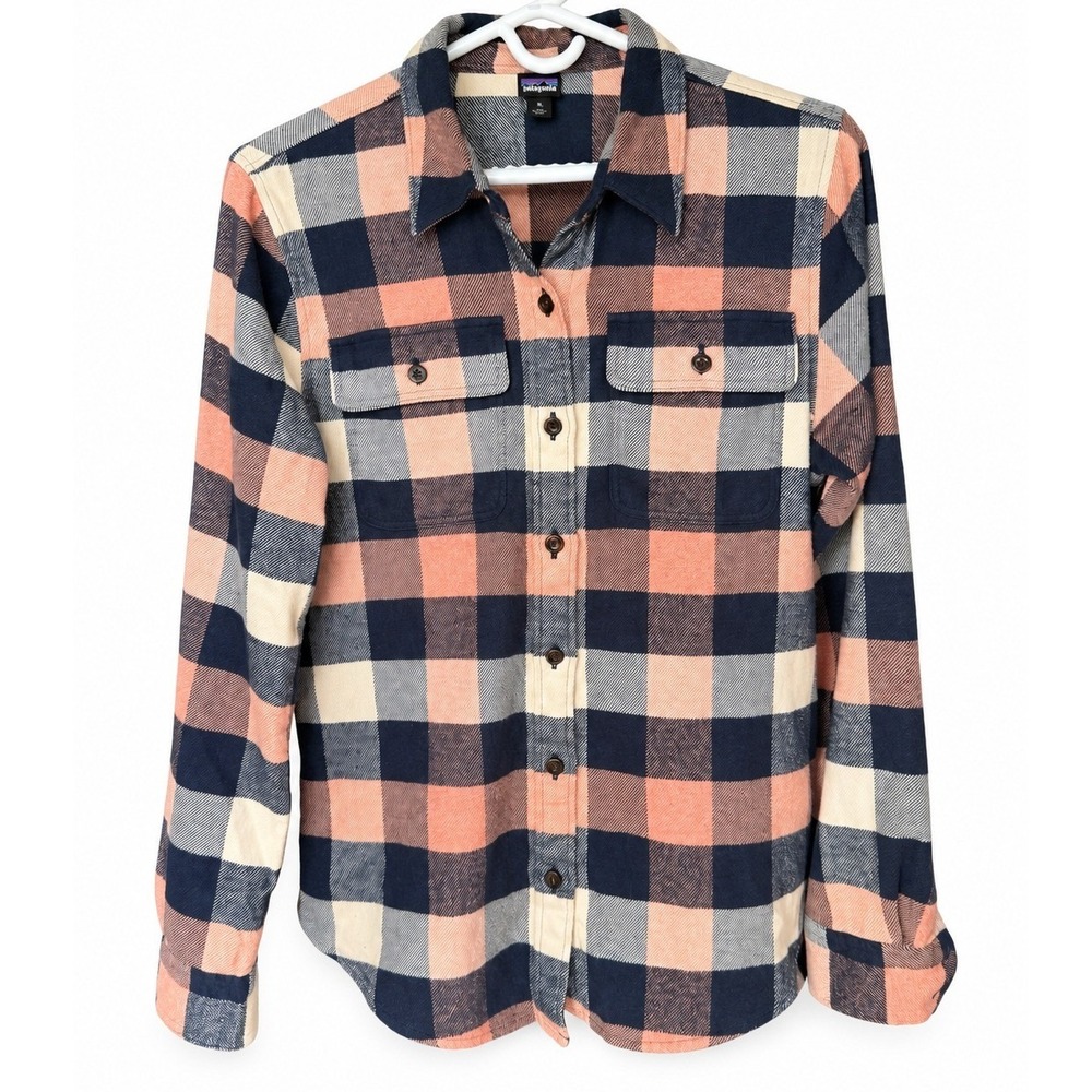 Patagonia Flannel Shirt Women Small Navy Peach Plaid Excellent Organic Cotton